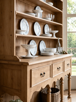 Buffet d'appoint massif de style campagne française, vitrine ouverte, trois tiroirs, poignées vintage, arches sculptées, mobilier rustique et lumineux pour la maison