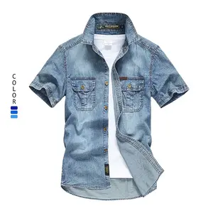 Mùa Hè Nhân Quả Chất Lượng Cao Ngắn Tay Áo Bán Buôn Denim Jeans Áo Sơ Mi Cho Nam Giới