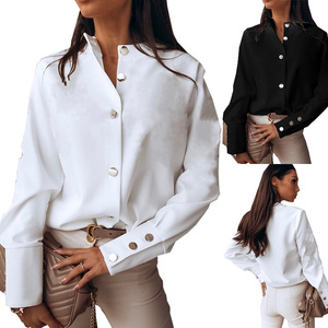 RNSHANGER dernières femmes élégantes <span class=keywords><strong>chemises</strong></span> à boutons décontracté couleur unie blanc noir col montant à manches longues <span class=keywords><strong>chemises</strong></span> pour femmes - Product Image 2
