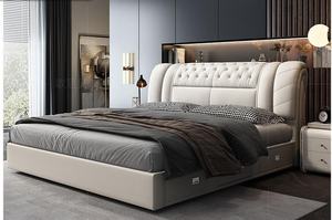 Muebles de dormitorio modernos Últimos diseños <span class=keywords><strong>Cama</strong></span> giratoria de cuero tamaño king para bodas Marco de madera de estilo suave Tamaños dobles Queen - Product Image 4