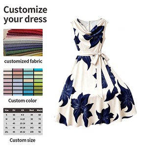 Elegante Abito Midi Senza Maniche con Stampa Floreale, Collo a Cappuccio e Cintura in Vita, Linea ad A, <span class=keywords><strong>per</strong></span> <span class=keywords><strong>Donna</strong></span>, Ufficio, <span class=keywords><strong>Matrimonio</strong></span>, Festa, Personalizzabile, Vendita all'Ingrosso - Product Image 4