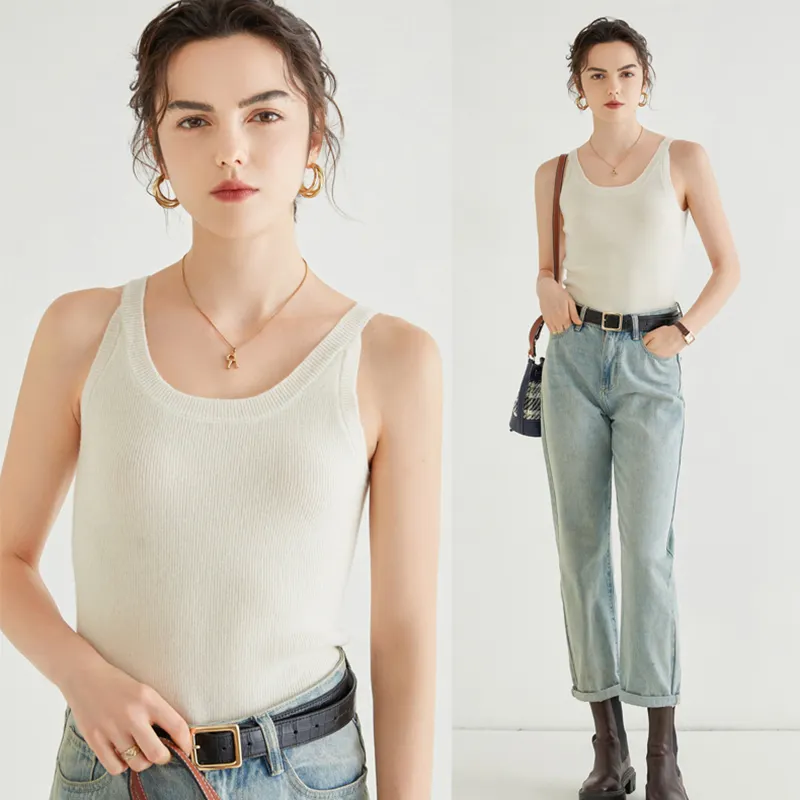 Colete de lã listrado para mulheres, blusa casual sem mangas de caxemira com gola redonda personalizada, moda feminina, 2024