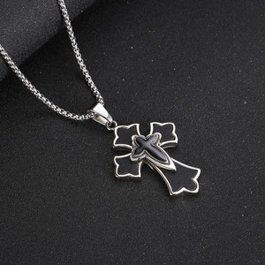<b>Cross</b> Pendant Necklace Stainless Steel Black Enamel Geometric Design Men's Fashion Jewelry SP406 - Product Image 2