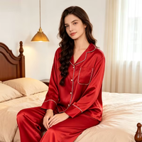 Ensemble de pyjama décontracté en satin et mousseline, longueur intégrale, manches longues, pantalon, style rétro, pour femme, col rabattu, taille élastique, couleur unie