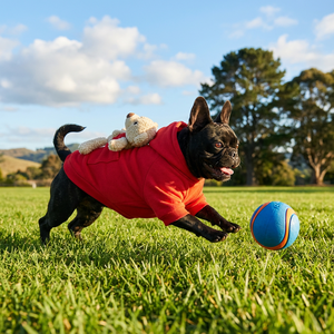 Red Hooded Sweatshirt For French Bulldogs With Adorable Teddy Bear Pocket - Stylish &amp; Comfortable Pet <strong>Clothing</strong> - Product Image 3