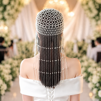 Nouvel accessoire de cheveux de mariée de luxe en perles pour l'été 2026, coiffe extra longue en maille tissée à la main avec pompon pour mariage et séance photo