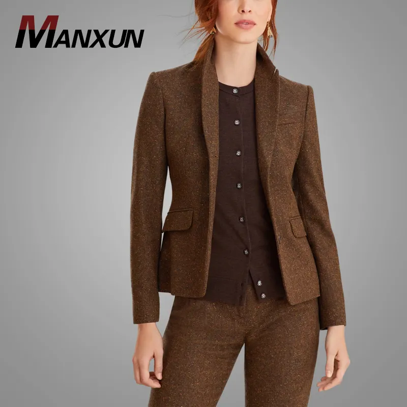 Office Wear Stretch Wool-Silk Tweed Suit for Women Women's Two-Button Blazer and Pant 2 Piece Suits Set