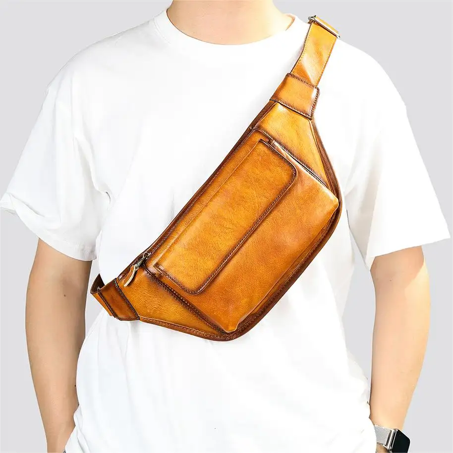 Marrant - Bolsa de peito transversal de couro genuíno para homens, bolsa de ombro único para o dia, bolsa de cintura de couro para peito