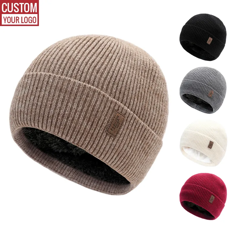 Thick Knitted Custom Beanie cap Winter Warm Hats With Fleece lining