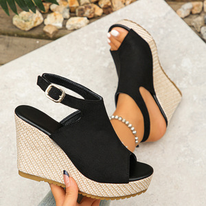 Sandalias de tacón alto para <span class=keywords><strong>mujer</strong></span> de talla grande, con plataforma gruesa, estilo peep-toe, con correa de esparto y hebilla, para comercio transfronterizo. - Product Image 1