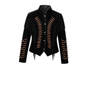 Chaqueta de Motociclista Estilo Western para Mujer, Negra, de Gamuza Vacuna, de Secado Rápido, con Flecos, Cuello Camisero, Manga Larga, Estilo Biker, para Invierno - Product Image 1