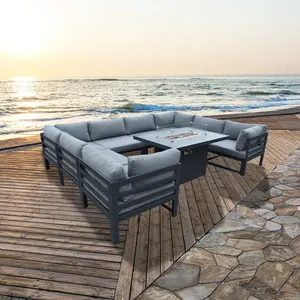 High End Deluxe Rustproof Modular Sofa Outdoor Furniture Set With Gas Fir Pit Modular Sofa Set With Ottoman & Coffee table