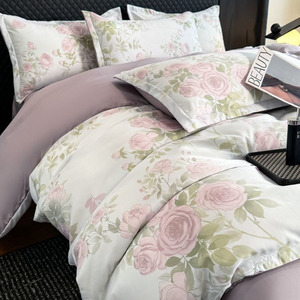 Nouveau 4 pièces Rose motif imprimé <span class=keywords><strong>Polyester</strong></span> lavé imité Lyocell feuille <span class=keywords><strong>housse</strong></span> <span class=keywords><strong>de</strong></span> <span class=keywords><strong>couette</strong></span> et taie d'oreiller literie pour la maison - Product Image 4