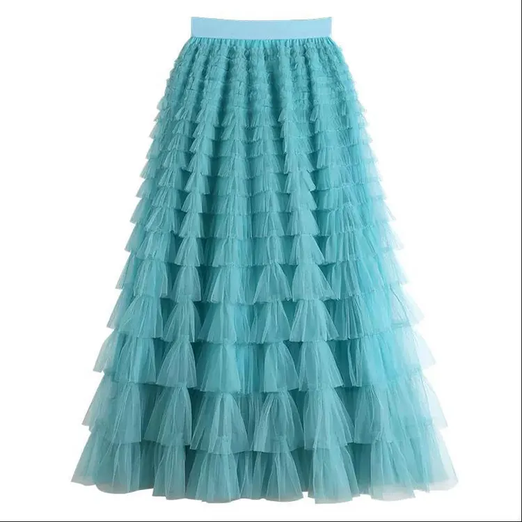 2022 Autumn winter high waist 12 colors 96cm mesh tiered long layered tulle skirt
