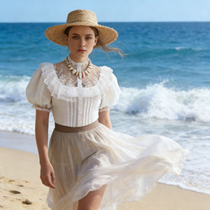 T-shirt pour femme de style victorien personnalisable, élégant et féminin, col haut, manches bouffantes à volants avec accent en tulle léger - Product Image 3