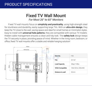Supporto a Parete Fisso per TV da 26 a 65 Pollici, VESA da 100x100mm a 430x400mm, Supporto TV Durevole in Acciaio Laminato a Freddo <span class=keywords><strong>Zeno</strong></span> F45 - Product Image 5