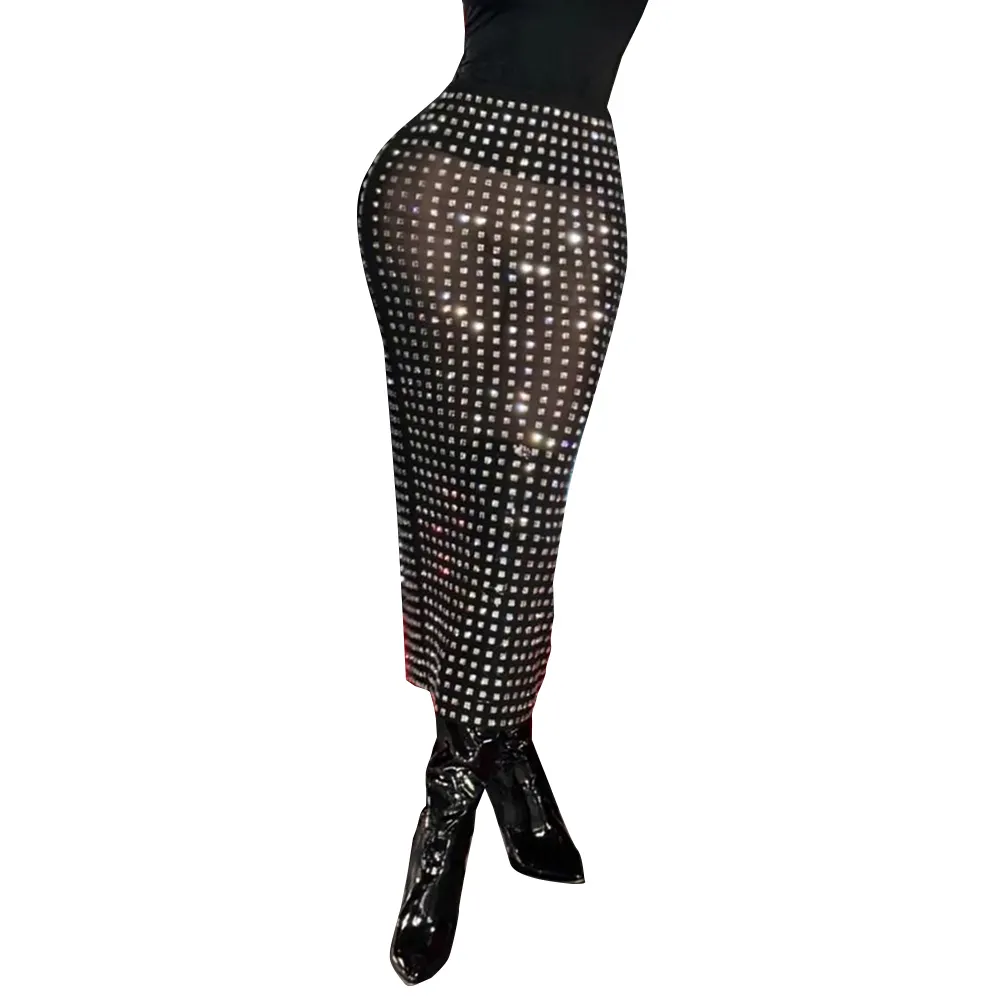 Sexy women polyester black wrap mesh skirt with rhinestones for women