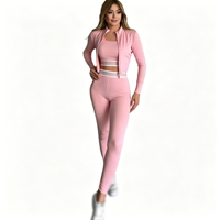 Ensemble de sport 3 pièces pour femme avec logo personnalisé : veste zippée, crop top et leggings taille haute extensibles – Tenue de yoga et survêtement