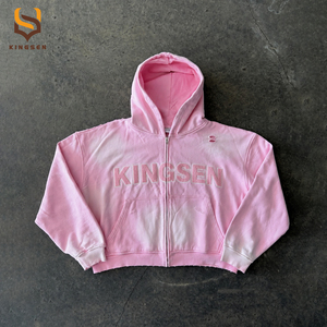 Custom Streetwear Acid Washed DTG Printing Embroidered Men's Hoodies Cotton Oversized Distressed Sun Faded Zip up Hoodie - Product Image 2