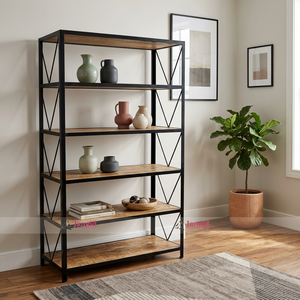 Étagère industrielle en fer, bibliothèque, vitrine, étagère à cinq niveaux en bois, meuble bibliothèque pour la maison, l'hôtel, la ferme - Product Image 3