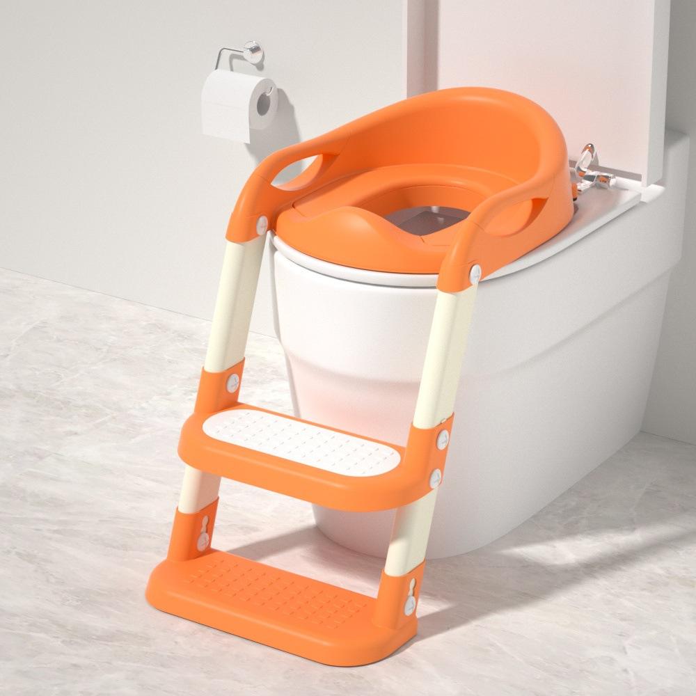 Siège de toilette à gradins, assise ferme de couleur orange.