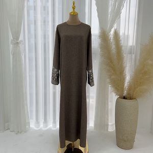 Brown Muslim <b>Women</b> <b>Abaya</b> Long Sleeve Maxi Dress Floral Sleeve Embroidery Traditional Islamic Wear - Product Image 2