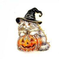 Bros Kucing Halloween Berhias Berlian Imitasi Enamel, Pola Porselen Biru, Lencana Logam, Pin Dekorasi Pakaian