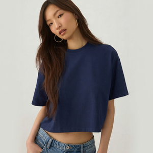 เสื้อครอปท็อปสีกรมท่า ยูนิเซ็กซ์ แขนสั้น คอกลม ทรงปกติ สีพื้น ผ้าเจอร์ซีย์ลำลอง 100% คอตตอน โลโก้ แห้งเร็ว ซักย้อมแบบแอซิดวอช สำหรับฤดูร้อน - Product Image 1