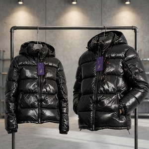 Giacca Puffer con Cappuccio Personalizzata Stile Lusso RLS, Nero Lucido, Calda e Imbottita per Uomo e Donna, per Attività all'Aperto - Product Image 2