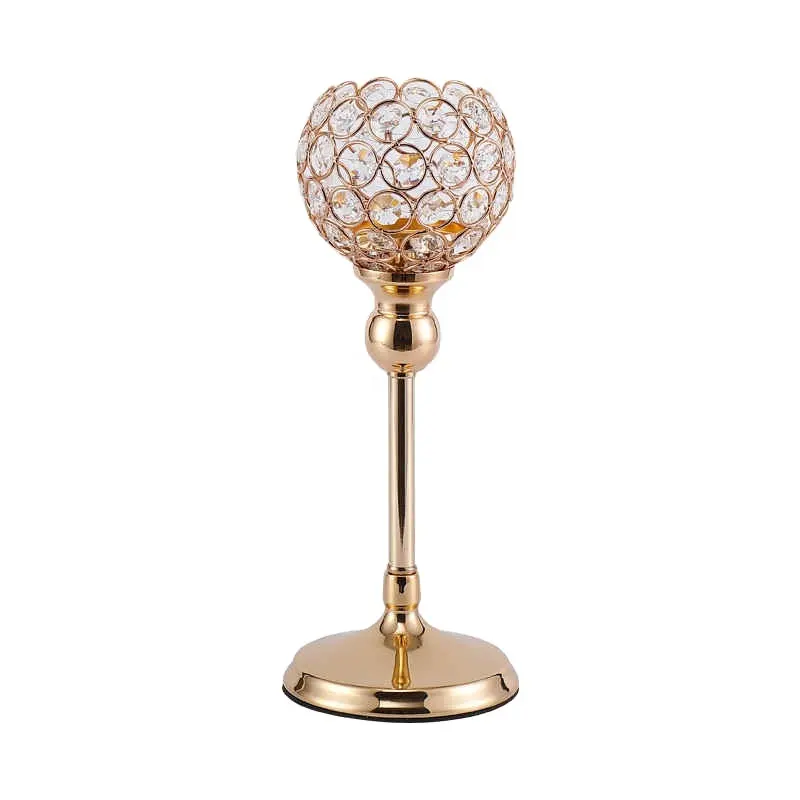 Candelabro individual de boda chapado en oro, candelabro de cristal K9, centro de mesa, decoración de mesa central