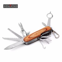 Couteau de poche multifonction 14-en-1 avec manche en bois, ciseaux, scie, tire-bouchon, ouvre-bouteille, OEM, cadeau de survie en plein air, camping