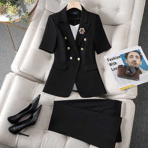 Women's Summer Short Sleeve Suit Set Black Polyester Office Lady Breathable Professional Elegant - Product Image 1
