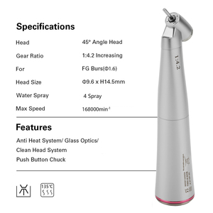Pièce à main électrique dentaire multiplicatrice 1:4.2, 4 <span class=keywords><strong>jets</strong></span> d'eau internes, LED, contre-angle 45° °   Bouton poussoir à fibre optique chirurgicale de style N-S-K - Product Image 2