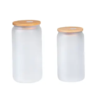 16oz Can Shaped Transparent Glass Cups Unbreakable Iced Crystal Frosted Cups Beverage Glass Can With Bamboo Lid