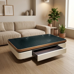 Table basse moderne en verre trempé ondulé, placage noyer <span class=keywords><strong>MDF</strong></span> avec tiroirs, pieds en acier inoxydable <span class=keywords><strong>plaqué</strong></span> titane – Vente en gros usine - Product Image 4