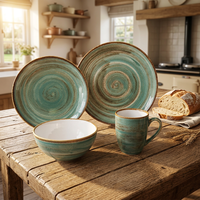 Service de table en céramique verte rustique vintage, de haute qualité, sans danger pour les aliments, porcelaine, 4 pièces pour la maison