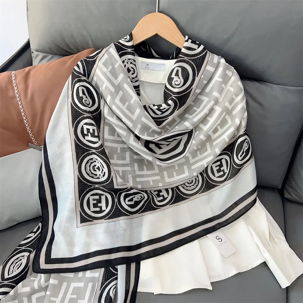 Wholesale 2024 Custom Woman Cotton Hijab Scarf Linen Shawls Printed Letter Cotton Scarves for Women Viscose Scarves