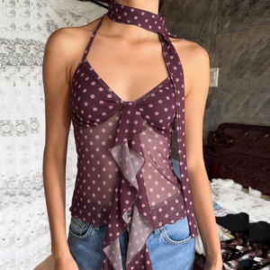 Summer Short Breathable Eco-Friendly Knitted Mesh Camisole Polka Dot Print Ribbons <b>Tie</b> See-Through Backless Sleeveless Front - Product Image 5