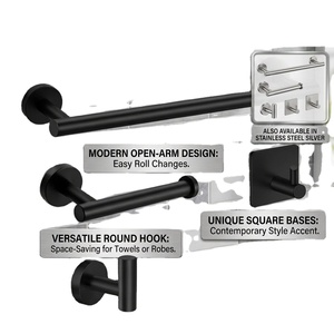 Ensemble de barres porte-serviettes murales noires modernes avec crochet rond réglable et base carrée – Accessoires de salle de bain contemporains - Product Image 1