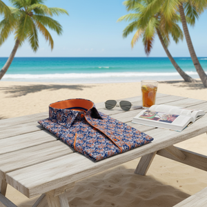Camisa de pierna corta para hombre, camisa azul y naranja, con flores - Product Image 3