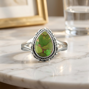 En gros, Pierre précieuse naturelle Turquoise Cuivre Vert, taille Rose, sertie clos, en Argent Sterling 925, faite à la main, unisexe, pour homme, style vintage, pour soirée - Product Image 1