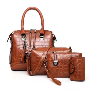 Ensemble de sacs à main en cuir Crocodile pour femmes, 4 pièces, sacs à main de luxe de grande capacité avec pompon, sacoche pochette à cartes, vente en gros,