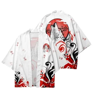 Kimono samurái con estampado de lobo a la moda japonesa, cárdigan de playa informal de verano, Yukata blanca, Cosplay para hombres y mujeres, Tops <span class=keywords><strong>Haori</strong></span>, ropa asiática - Product Image 3