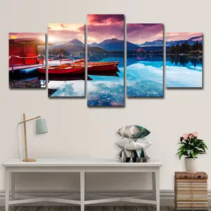 Resort Natural Landscape Blue Lake Red Boat HD Modern Scenery Picture Printed Art Painting For Living Room Wall Decoration