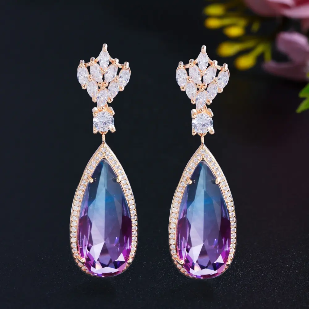 Elegant Purple Blue Rainbow Gradient Long Crystal Water Drop Earrings Gold Plated Banquet Party Jewelry for Women