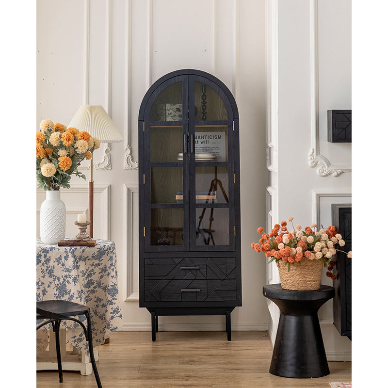 Retro Glass Sideboard Solid Wood Multifunctional Cabinet