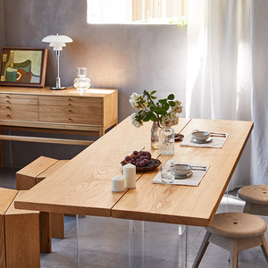 Mesa de Comedor Rectangular Grande de Madera Maciza de Fresno Blanco, 6 Plazas, con Acrílico Suspendido, Estilo Nórdico Japonés para el Hogar - Product Image 2