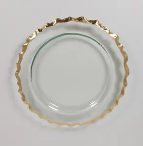 wholesale custom large round wedding decoration glass charger plates with gold rim