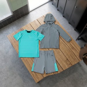Ensemble sportif 3 pièces pour garçons : veste à capuche, short et t-shirt gris-vert, séchage rapide, léger, en polyester, pour l'été, vêtements de sport pour enfants - Product Image 4