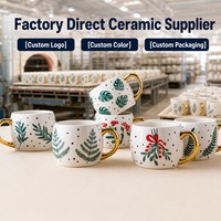Mug Kopi Keramik Stylish Grosir dengan Pinggiran Emas, Cetakan Tanaman Hijau, Porselen 11oz, Logo Custom, Perlengkapan Minum untuk Dekorasi Rumah